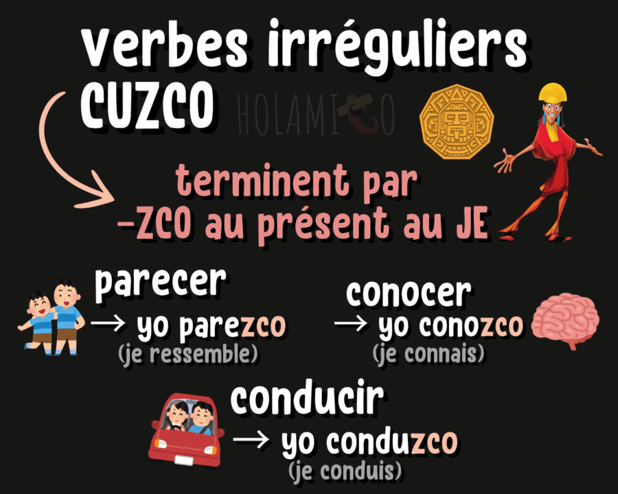 schéma sur la conjugaison des verbes irréguliers en zco en espagnol