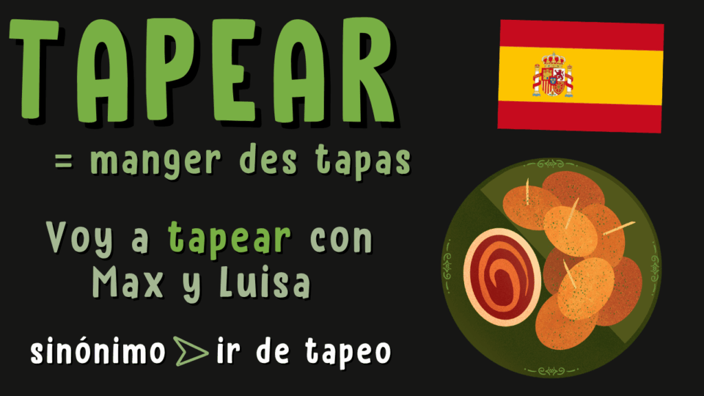 Schéma présentant le verbe de l'argot espagnol « tapear » avec la traduction en français une phrase d'exemple et une illustration