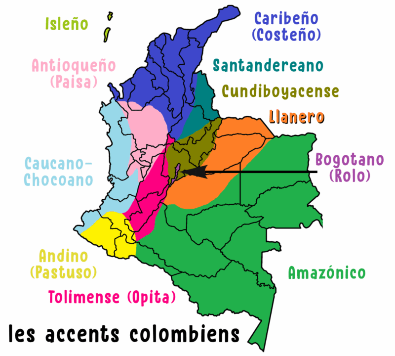 Carte de la Colombie présentant les différents accents régionaux du pays