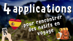 Illustration d'un article Holamigo avec le titre « 4 applications pour rencontrer des natifs en voyage » et des illustrations autour
