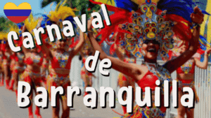 Illustration d'un article Holamigo avec le titre « Carnaval de Barranquilla » avec un défilé du carnaval aux couleurs de la Colombie en arrière-plan