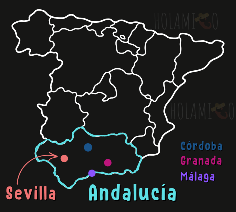 Carte de l'Espagne présentant l'Andalousie et ses villes principales : Séville, Cordoue, Grenade et Malaga