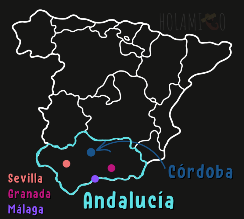 Carte de l'Espagne présentant l'Andalousie et ses principales villes : Séville, Cordoue, Grenade et Malaga