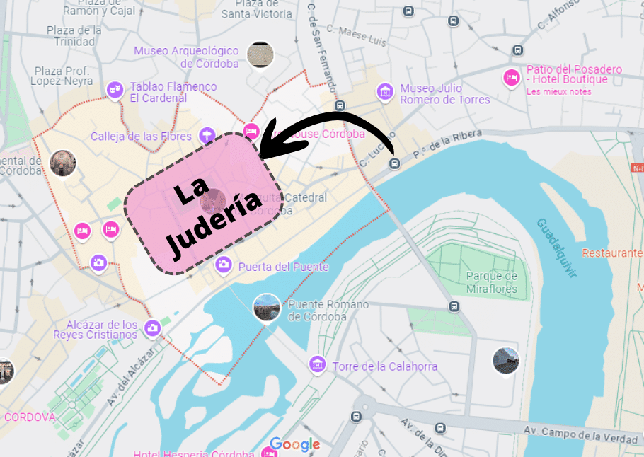 Carte présentant le quartier de la Judería dans le centre de Cordoue