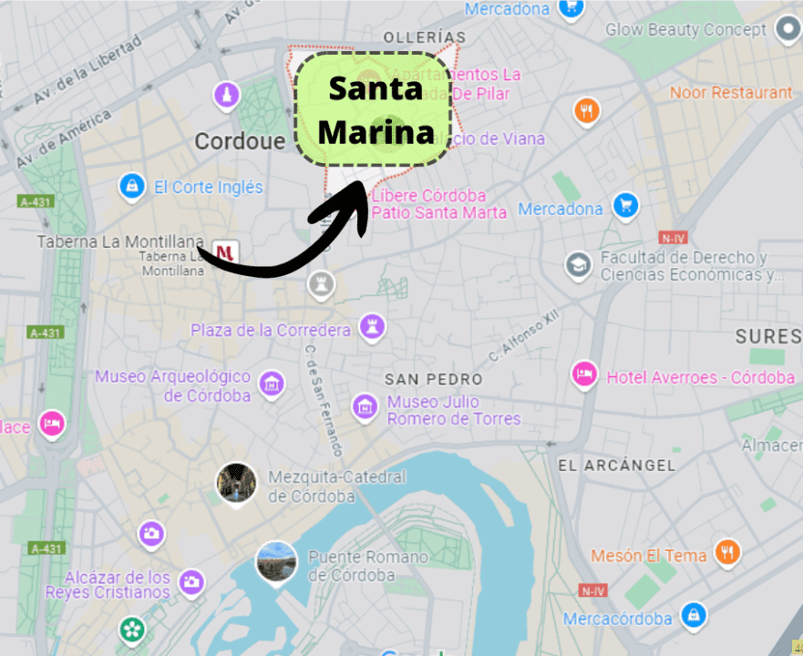 Carte présentant le quartier Santa Marina dans le centre de Cordoue