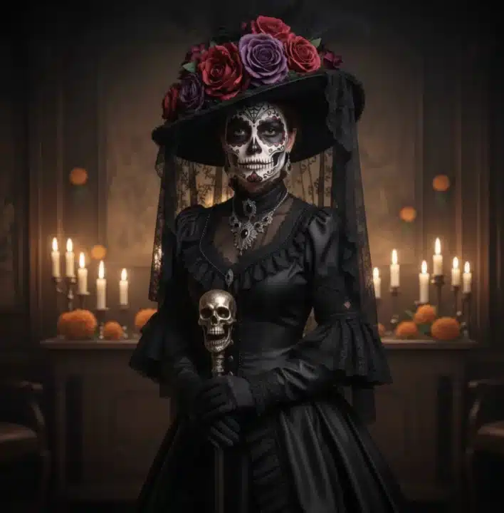 Photo d'une femme maquillée et habillée à l'image de la Catrina, emblème de la fête des morts au Mexique
