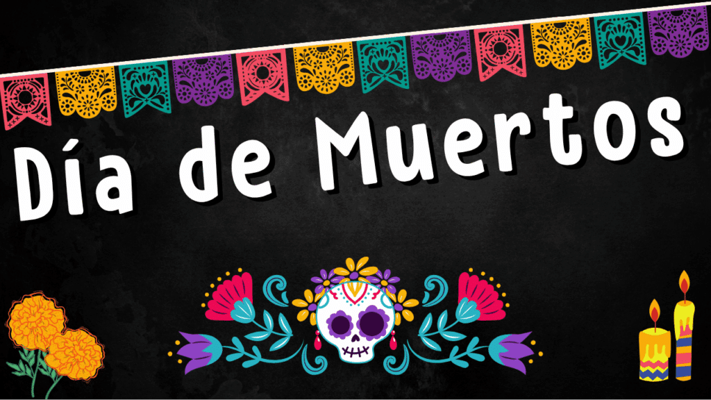 Illustration d'un article Holamigo avec le titre « Día de Muertos » et des décorations typiques de la fête des morts au Mexique