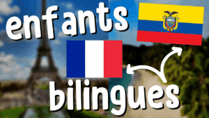 Illustration d'un article Holamigo avec le titre « enfants bilingues » entouré des drapeaux français et équatorien