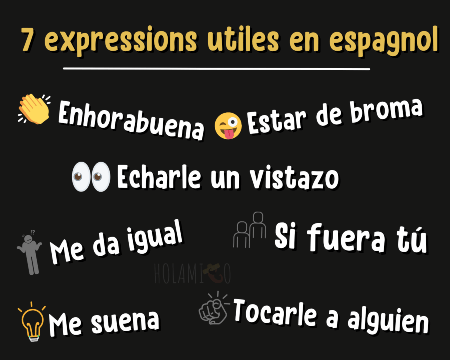 Schéma présentant 7 expressions idiomatiques très utiles en espagnol avec une illustration pour chacune