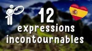 Illustration d'un article Holamigo avec le titre « 12 expressions incontournables » présentant un drapeau espagnol et un individu avec une loupe