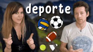 Miniature de vidéo avec Pierre et Michelle, le mot espagnol « deporte » et des accessoires de sport, pour illustrer un article Holamigo