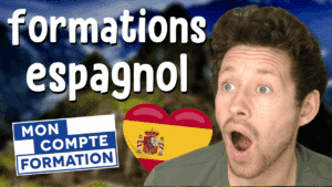 Miniature de vidéo avec une photo de Pierre et le titre « formations espagnol » avec le logo de « mon compte formation » illustrant un article Holamigo