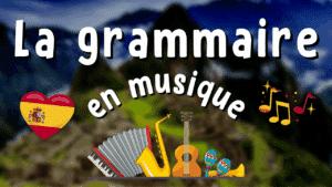 Illustration d'un article Holamigo avec le titre « la grammaire en musique » présentant un drapeau espagno, des notes de musique colorées et des intruments de musique