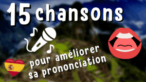 Illustration d'un article Holamigo avec le titre « 15 chansons pour améliorer sa prononciation » présentant un micro, des notes de musique, une bouche ouverte et un drapeau espagnol
