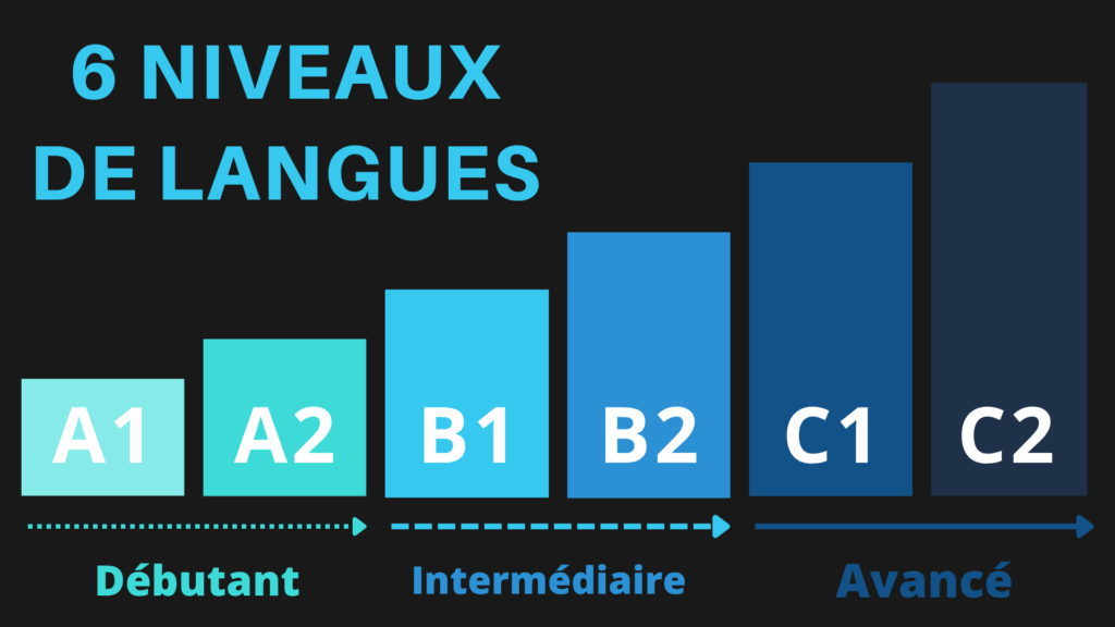 Schéma présentant les 6 niveaux de langues définis par le CECRL (débutant, intermédiaire, avancé)