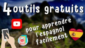 Illustration d'un article Holamigo avec le titre « 4 outils gratuites pour apprendre l'espagnol facilement » et des illustrations autour