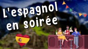 Illustration d'un article Holamigo avec le titre « L'espagnol en soirée » et des illustrations autour