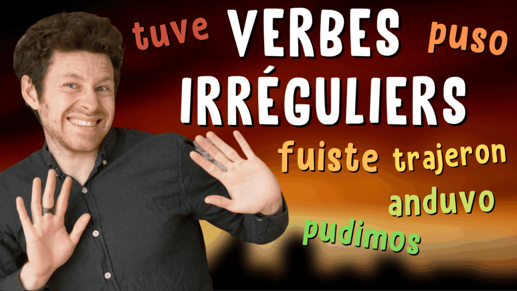 Miniature de vidéo avec une photo de Pierre et le titre « verbes irréguliers » avec des exemples de verbes irréguliers au passé-simple, illustrant un article Holamigo
