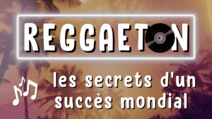 Illustration d'un article Holamigo avec le titre « reggaeton - les secrets d'un succès mondial » présentant des notes de musique et un cd, avec une photo de palmiers au fond