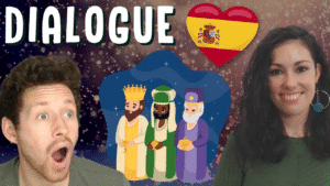 Miniature de vidéo avec une photo de Pierre et Sara avec le titre « dialogue » et les rois Mages au centre, illustrant un article Holamigo