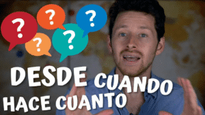 Miniature de vidéo avec une photo de Pierre, les expressions « desde cuando » et « hace cuanto » et des pointsz d'interrogation, illustrant un article Holamigo