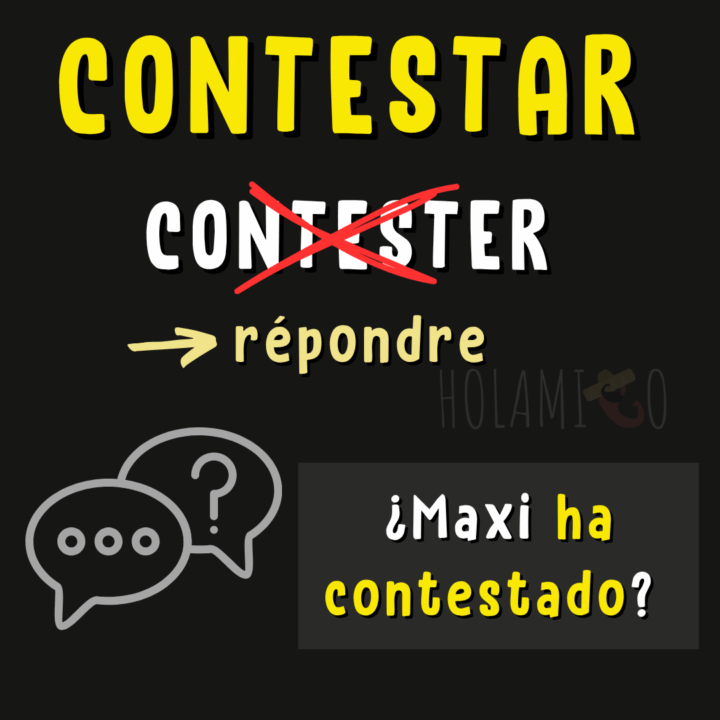 Schéma présentant le verbe faux-ami « contestar » en espagnol avec une illustration et un exemple