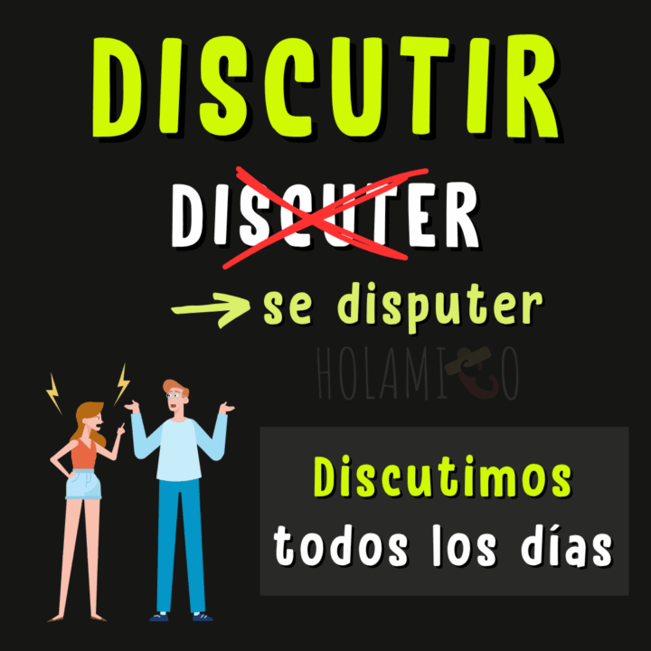 Schéma présentant le verbe faux-ami « discutir » en espagnol avec une illustration et un exemple
