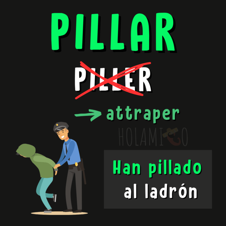 Schéma présentant le verbe faux-ami « pillar » en espagnol avec une illustration et un exemple