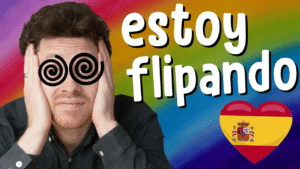Miniature de vidéo avec une photo de Pierre avec des yeux en forme de spirales, l'expression « estoy flipando » et un drapeau espagnol, illustrant un article Holamigo