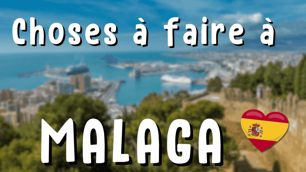 Illustration d'un article Holamigo avec le titre « Choses à faire à Malaga » présentant un drapeau espagnol et une photo de Malaga en fond