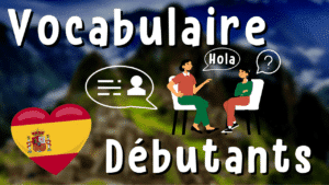 Illustration d'un article Holamigo avec le titre « Vocabulaire débutants » présentant deux personnes qui discutent en espagnol