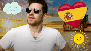 Miniature de vidéo avec une photo de Pierre et des illustrations de nuage, pluie, soleil et un drapeau espagnol pour illustrer un article Holamigo