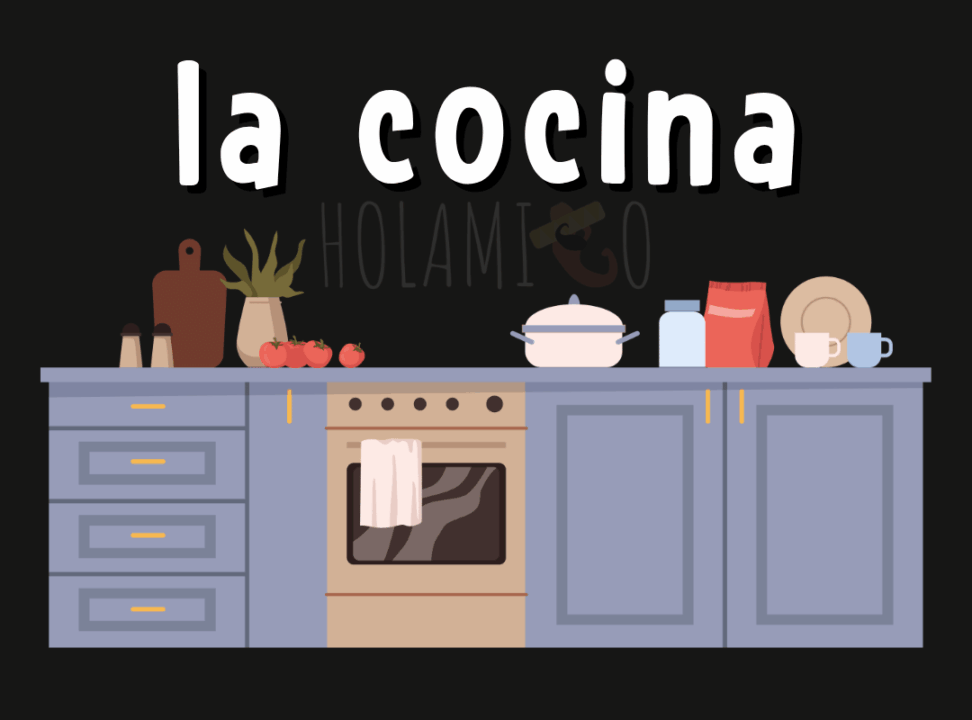 Schéma présentant la cuisine en espagnol avec une illustration