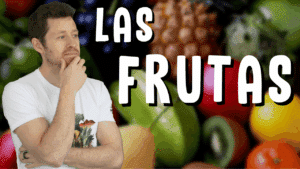Illustration d'un article Holamigo avec le titre « las frutas » présentant Pierre avec une photo de fruits en arrière-plan