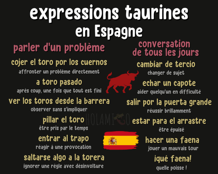 Schéma présentant des expressions taurines en espagnol, très utilisées en Espagne, avec la traduction en français pour chacune