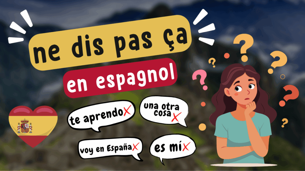 Illustration d'un article Holamigo avec le titre « ne dis pas ça en espagnol » présentant un drapeau espagnol et un individu hésitant et des bulles de dialogues avec des expressions fausses en espagnol