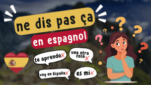 Illustration d'un article Holamigo avec le titre « ne dis pas ça en espagnol » présentant un drapeau espagnol et un individu hésitant et des bulles de dialogues avec des expressions fausses en espagnol
