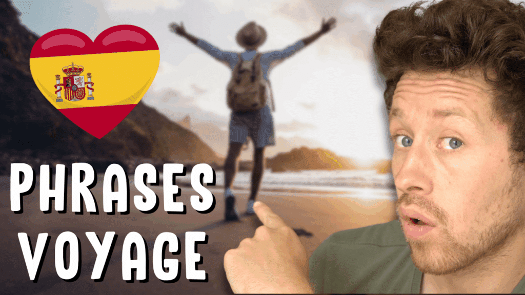 Miniature de vidéo avec le titre « phrases voyage », Pierre et un voyageur sur la plage en arrière-plan, illustrant un article Holamigo