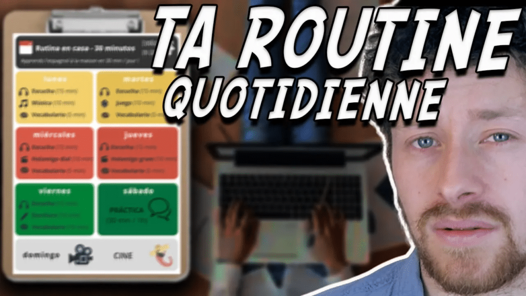 Miniature de vidéo avec une photo de Pierre, le titre « ta routine quotidienne » et en arrière-plan un planning hebdomadaire, illustrant un article Holamigo